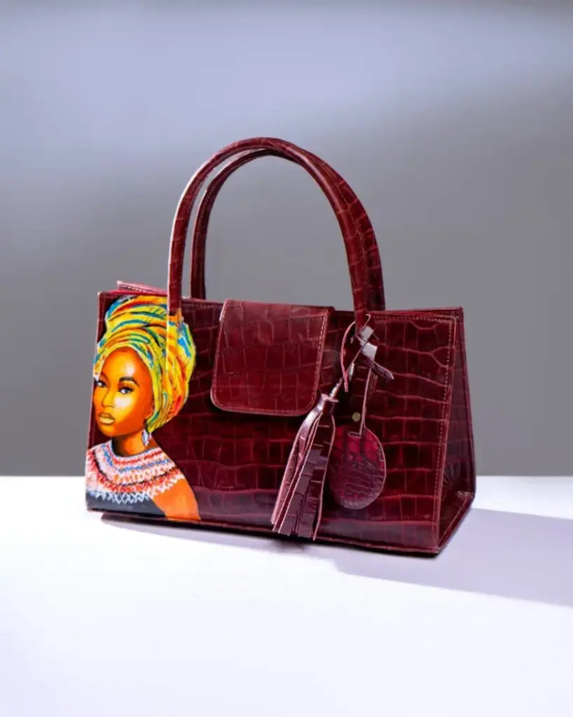 BURGUNDY HAND PAINTED LEATHER HAND BAG