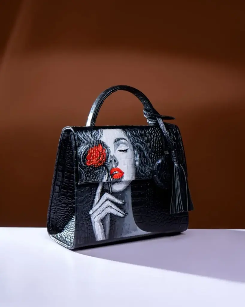 Black hand painted leather handbag