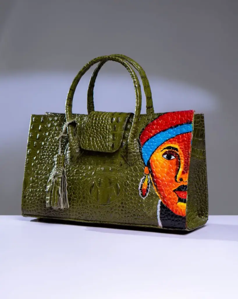 Olive Green Hand Painted Leather Handbag