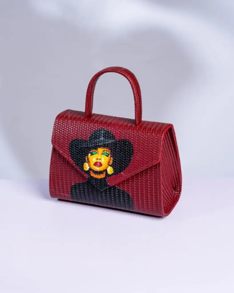 Brick Red Hand Painted Basket Print Leather Handbag